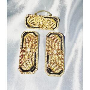 Vintage Art Deco Gold Plate Rhinestone and Black Enameled Clip ons and Dress Pin